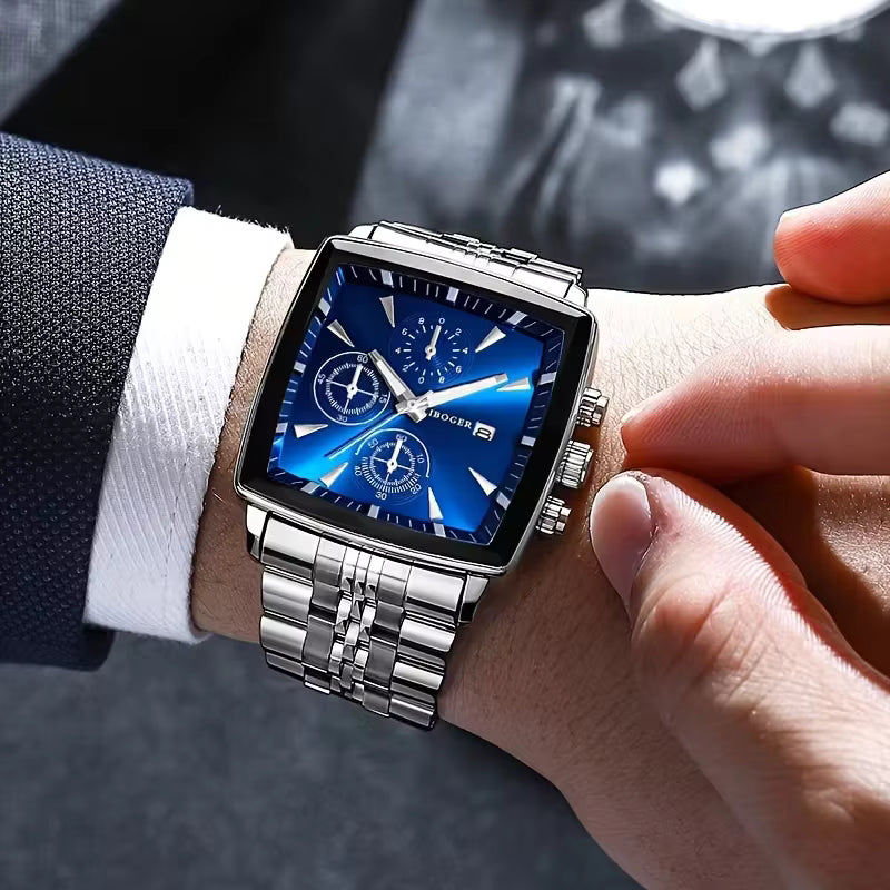 Relógio Masculino de Luxo com Mostrador Quadrado em Aço Inoxidável