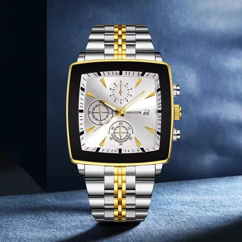 Relógio Masculino de Luxo com Mostrador Quadrado em Aço Inoxidável