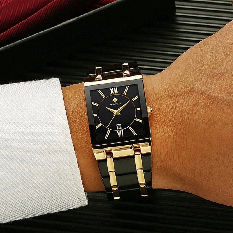 Relógio Masculino Luxo Dourado Quadrado