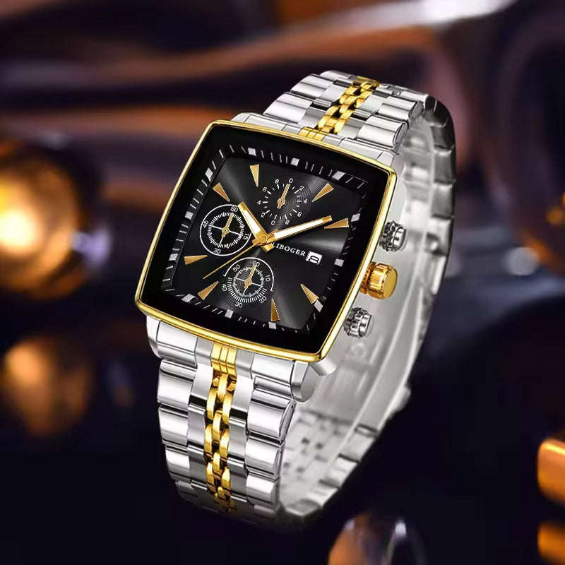 Relógio Masculino de Luxo com Mostrador Quadrado em Aço Inoxidável