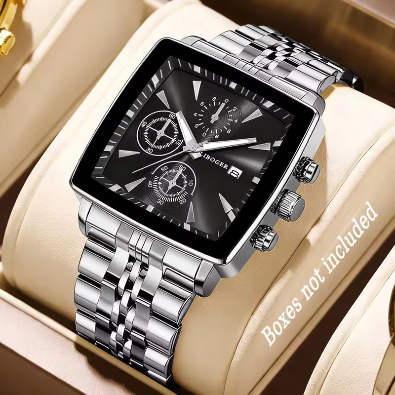 Relógio Masculino de Luxo com Mostrador Quadrado em Aço Inoxidável