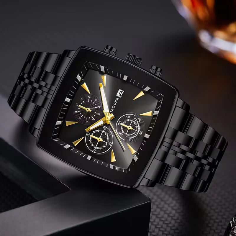 Relógio Masculino de Luxo com Mostrador Quadrado em Aço Inoxidável