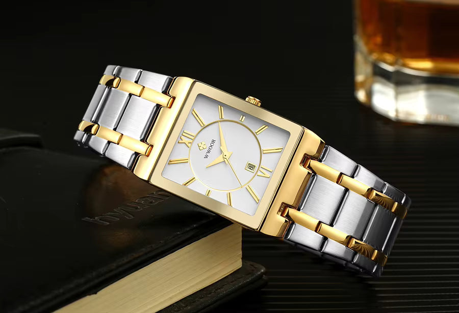 Relógio Masculino Luxo Dourado Quadrado
