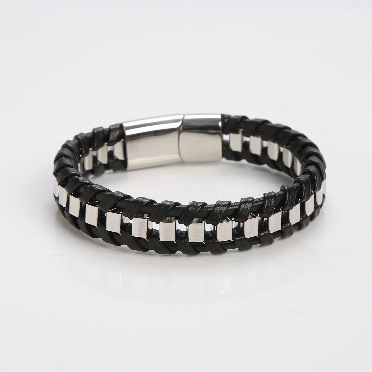 Pulseira Masculina Couro e Aço Inoxidável Trançada