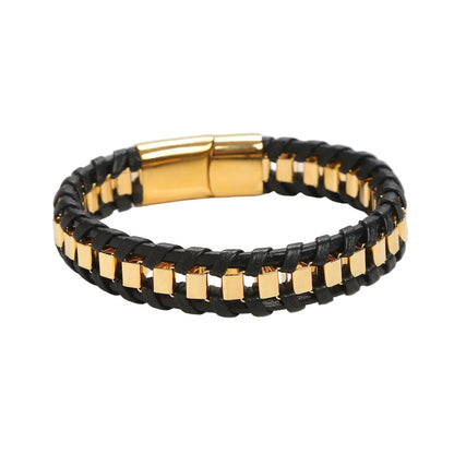 Pulseira Masculina Couro e Aço Inoxidável Trançada