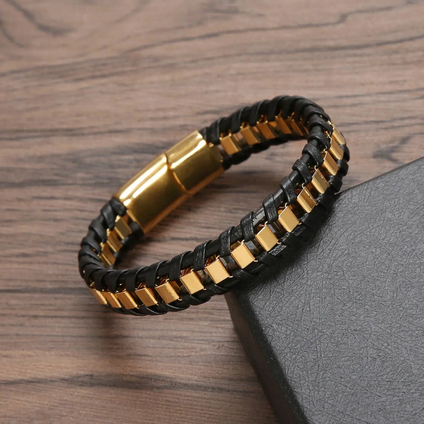 Pulseira Masculina Couro e Aço Inoxidável Trançada