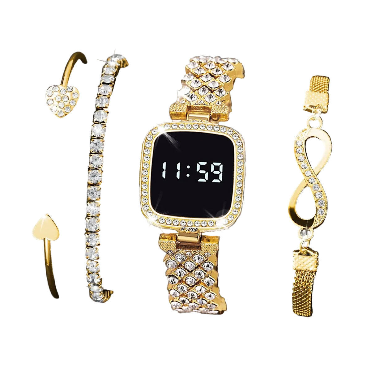 ✨ Havanis | Kit Relógio Feminino Luxo Dourado 4 Peças