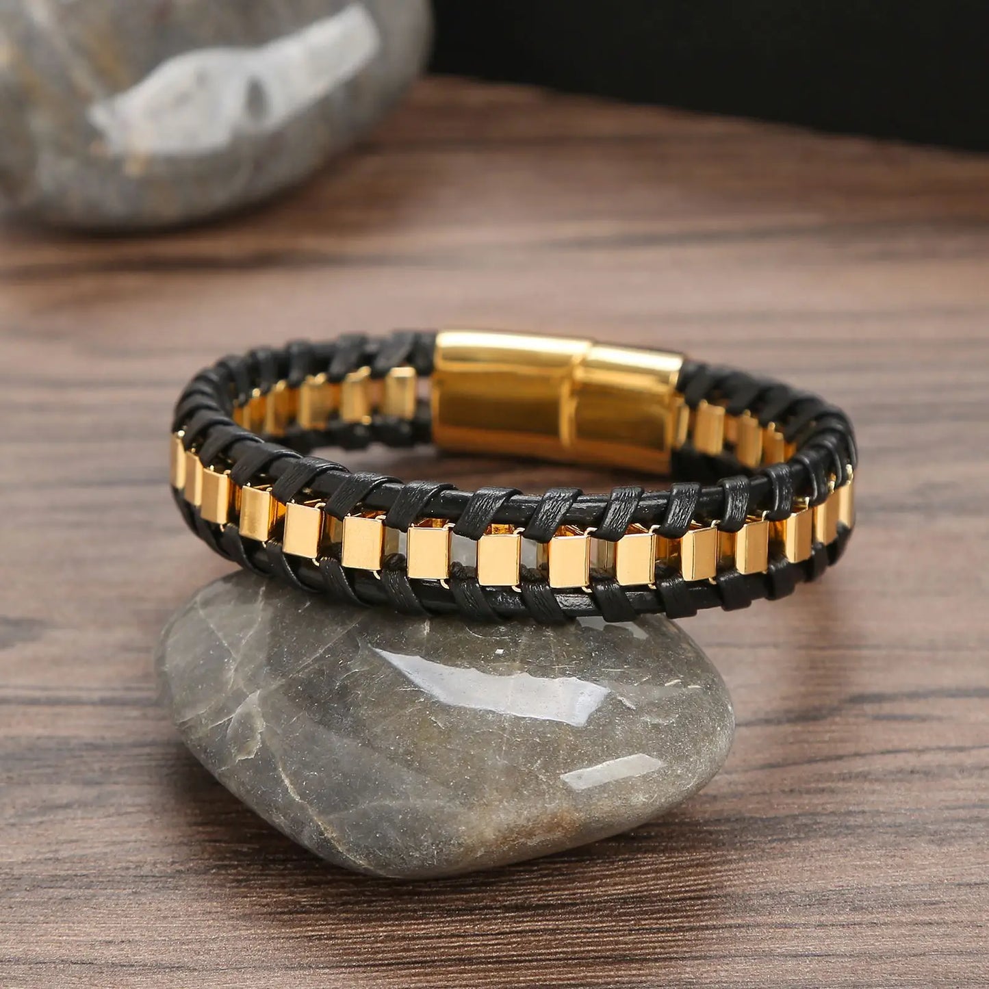Pulseira Masculina Couro e Aço Inoxidável Trançada