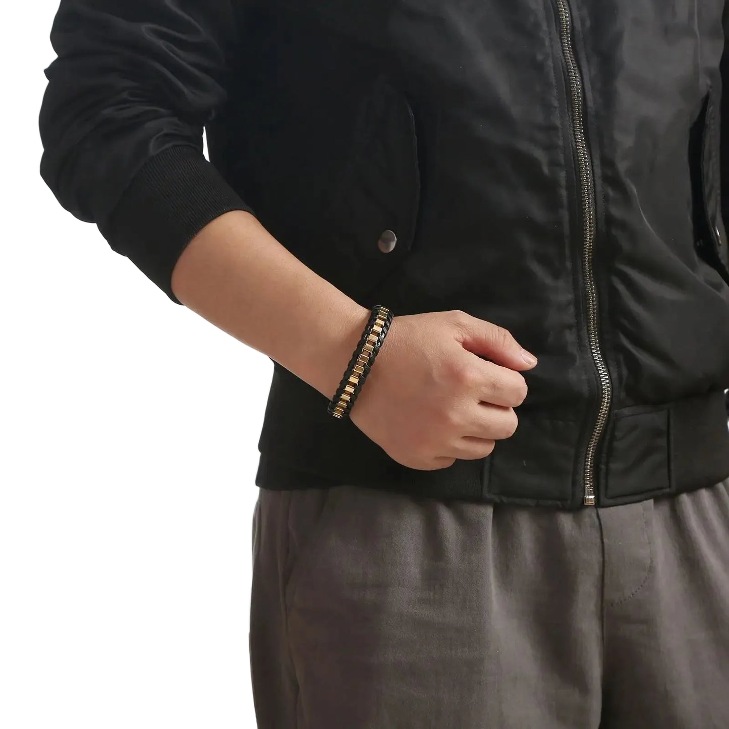 Pulseira Masculina Couro e Aço Inoxidável Trançada