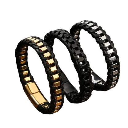 Pulseira Masculina Couro e Aço Inoxidável Trançada