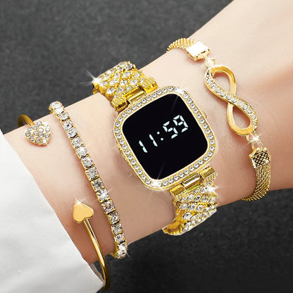 ✨ Havanis | Kit Relógio Feminino Luxo Dourado 4 Peças