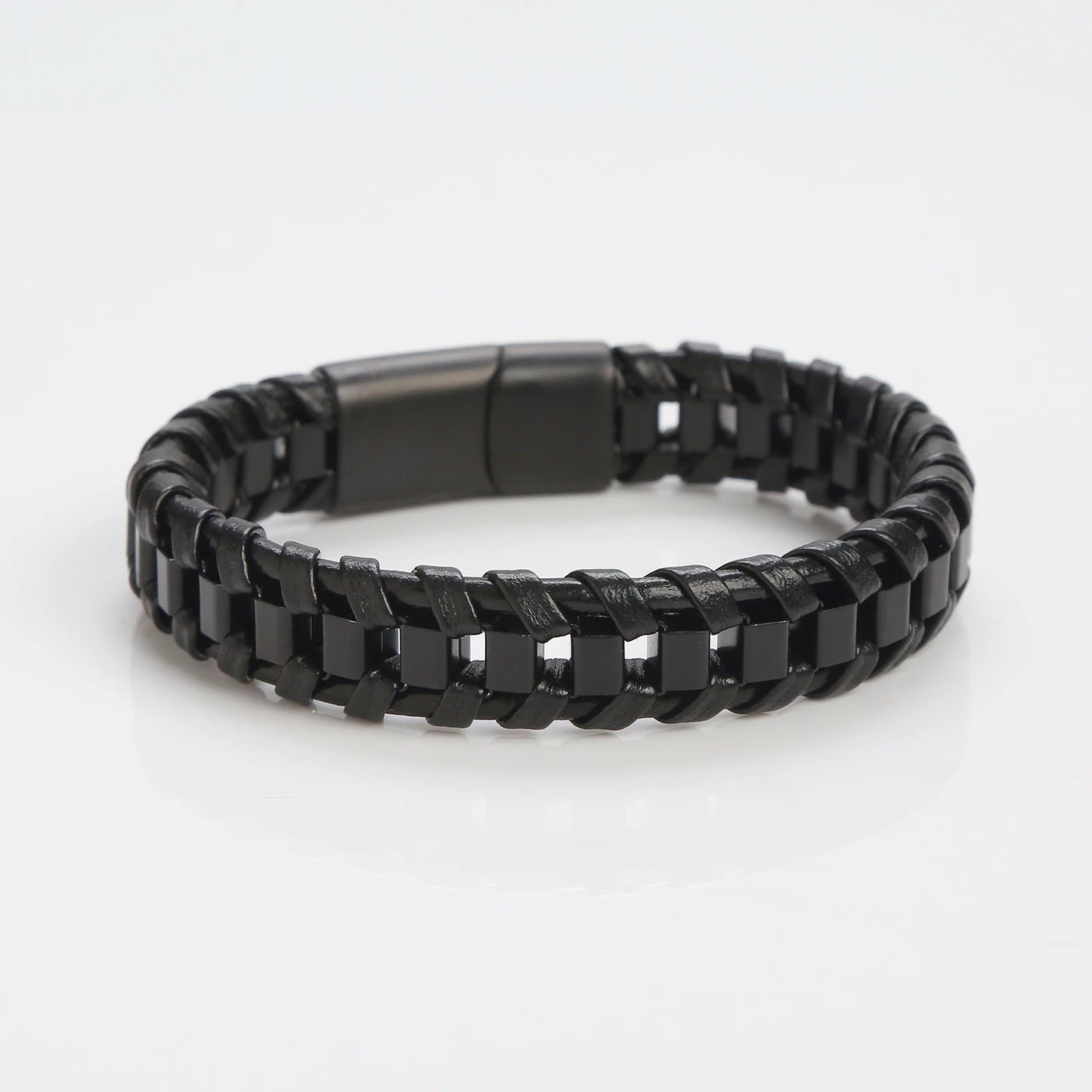 Pulseira Masculina Couro e Aço Inoxidável Trançada
