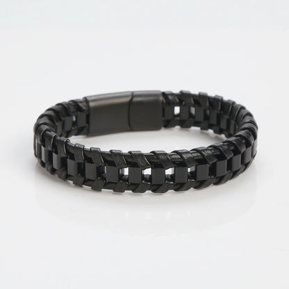Pulseira Masculina Couro e Aço Inoxidável Trançada