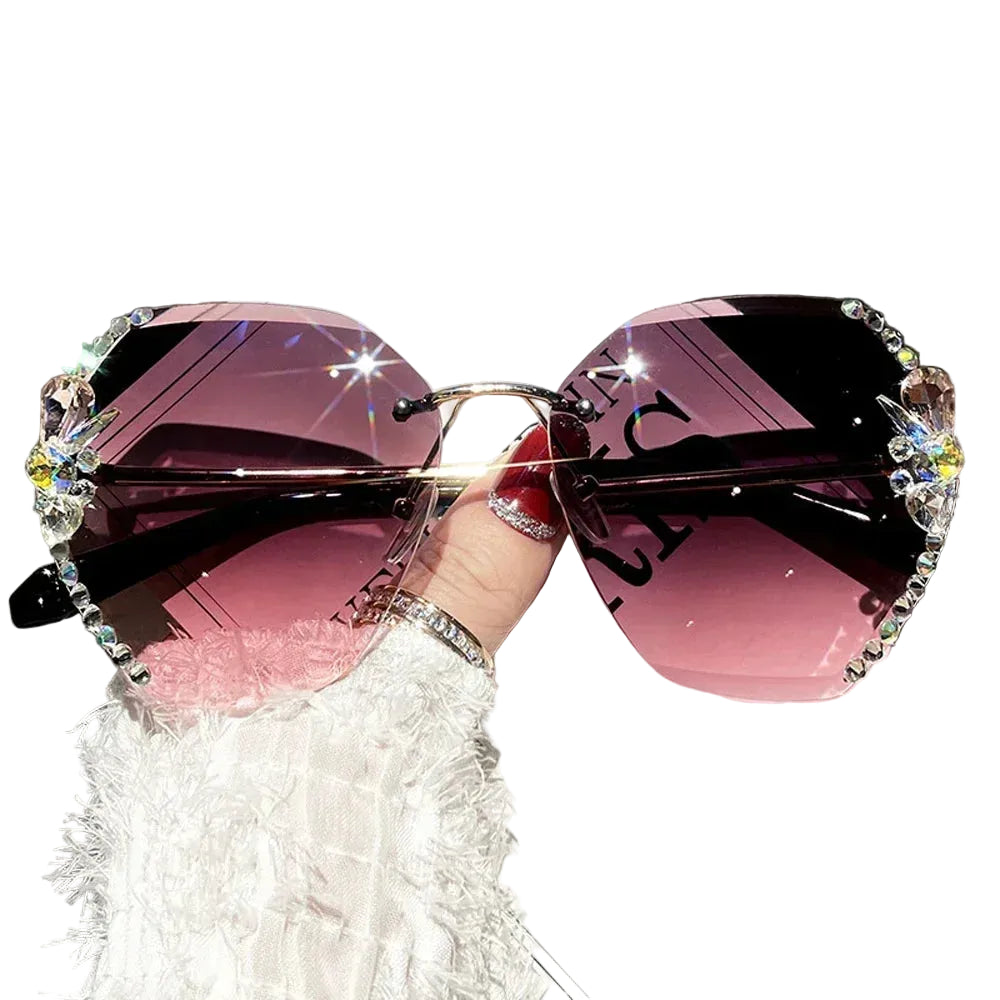 Óculos de Sol Feminino Vintage Luxo com Strass Sem Aro Lente Degradê Polarizada UV400 Moda Retrô Elegante
