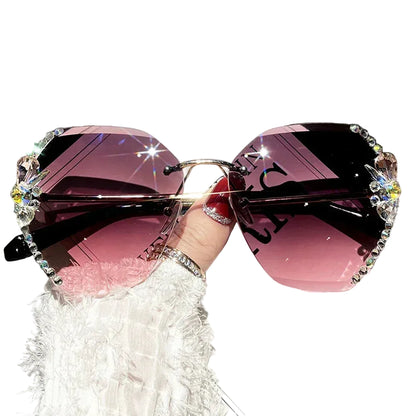 Óculos de Sol Feminino Vintage Luxo com Strass Sem Aro Lente Degradê Polarizada UV400 Moda Retrô Elegante