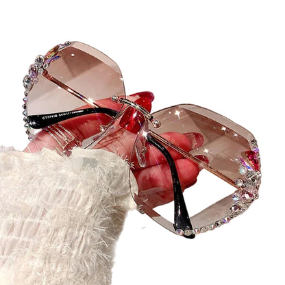 Óculos de Sol Feminino Vintage Luxo com Strass Sem Aro Lente Degradê Polarizada UV400 Moda Retrô Elegante