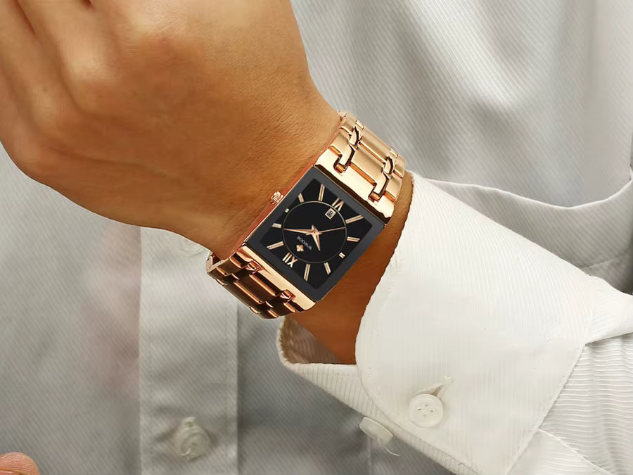 Relógio Masculino Luxo Dourado Quadrado