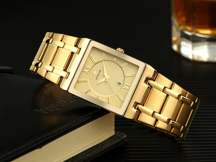Relógio Masculino Luxo Dourado Quadrado