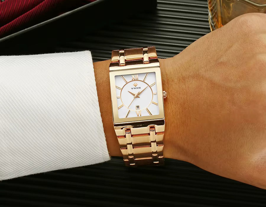 Relógio Masculino Luxo Dourado Quadrado